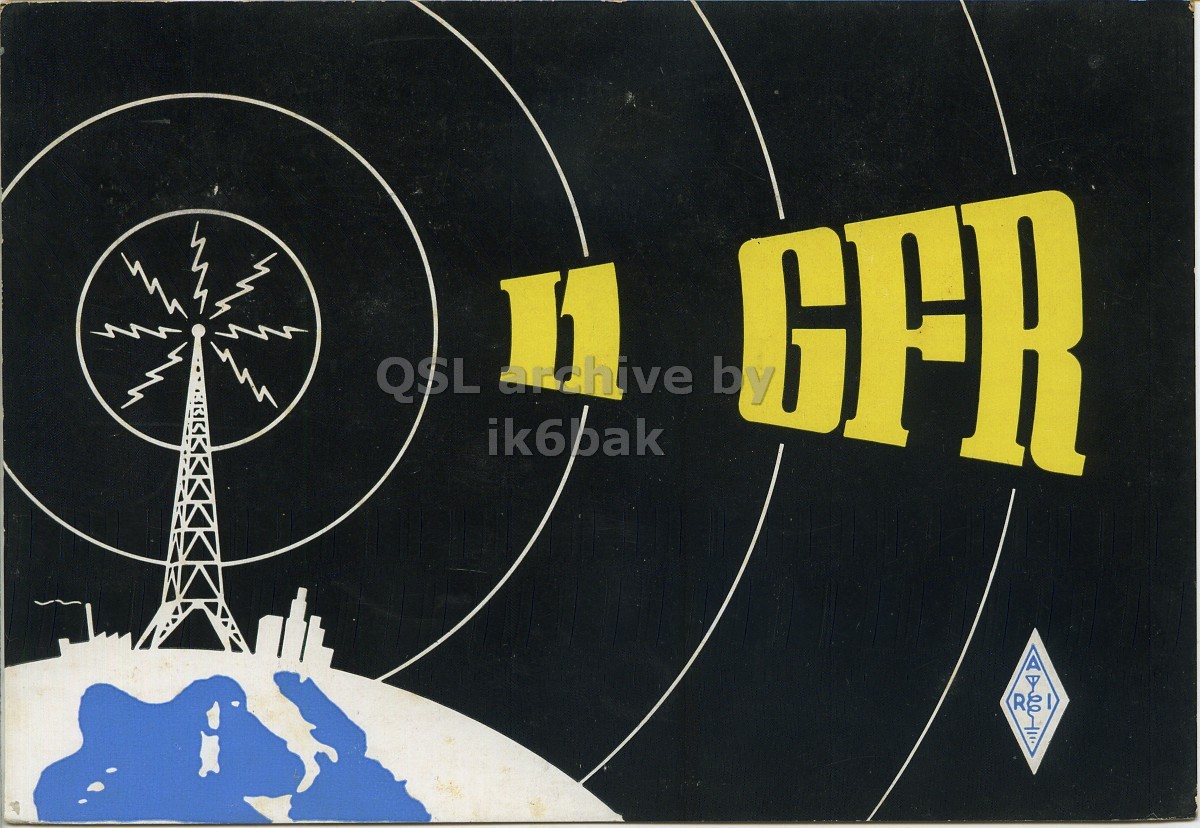 Front QSL card, of I1GFR to I1LCN, November 4, 1970, SSB mode. The QSL image contains the following objects: Blackboard, Gun, Shooting, Weapon. And contains this text: GFR b ik6bak QSL GFR b ik6bak R.