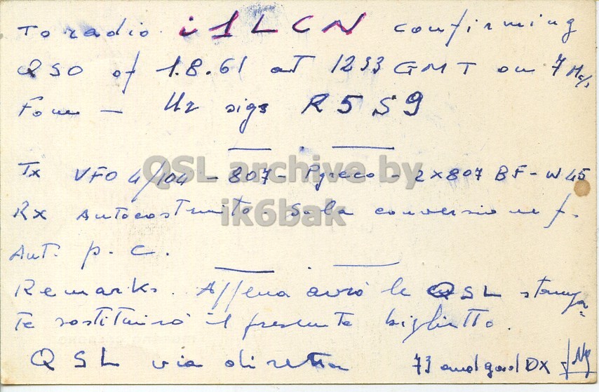 Right QSL card, of I1GJ to I1LCN, August 1, 1961, PH mode. The QSL image contains the following objects: White Board, Document, Mathematical Equation. And contains this text: Toradio of 1.8.61 at sigs Tx VFO archive. 6 by x807 BF-W45 Rx ik6bak Allena Te be QSL Te QSL ناه and good.