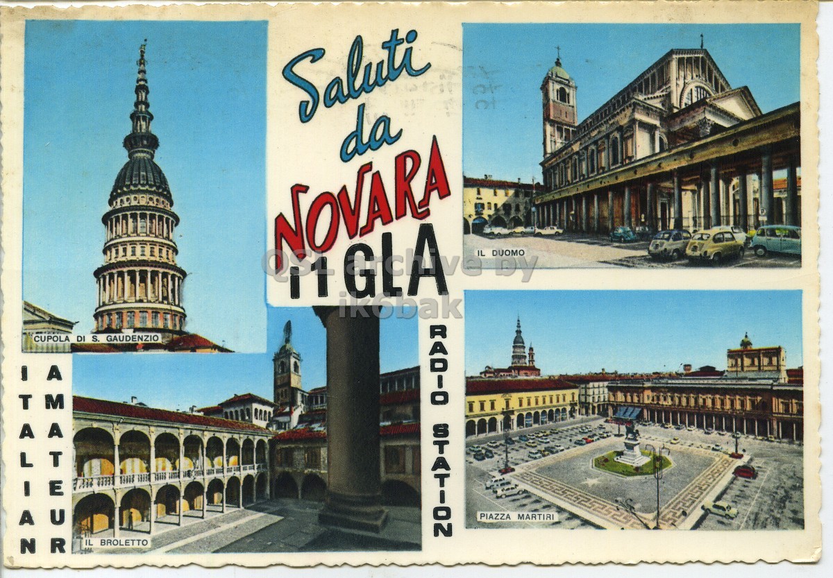 Front QSL card, of I1GLA to I2LCN, February 6, 1972, PH mode. The QSL image contains the following objects: Building, City, Tower, Car. And contains this text: Saluti da NOVARA 11 GLA ve DUOMO DY IL ikobak CUPOLA DI S. GAUDENZIO STATION RADIO ITALIAN AMATEUR PIAZZA MARTIRI IL BROLETTO Saluti da NOVARA 11 GLA ve DUOMO IL ikobak CUPOLA DI S. GAUDENZIO STATION RADIO ITALIAN AMATEUR PIAZZA MARTIRI IL BROLETTO.