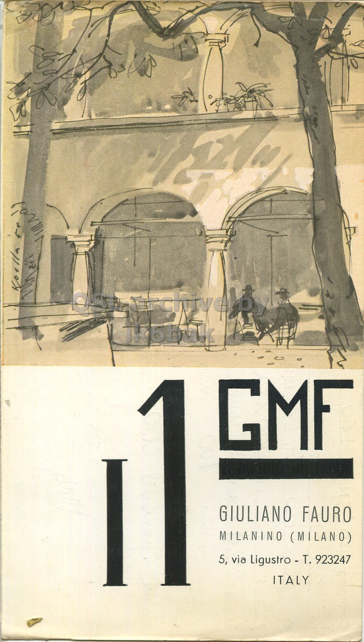 Front QSL card, of I1GMF to I1LCN, November 28, 1961, PH mode. The QSL image contains the following objects: Advertisement, Painting, Poster, Book, Publication. And contains this text: Koella GMF 1 I GIULIANO FAURO MILANINO (MILANO) 5, via Ligustro - T. 923247 ITALY Koella GMF 1 I GIULIANO FAURO MILANINO (MILANO) 5, via Ligustro - T. 923247 ITALY.