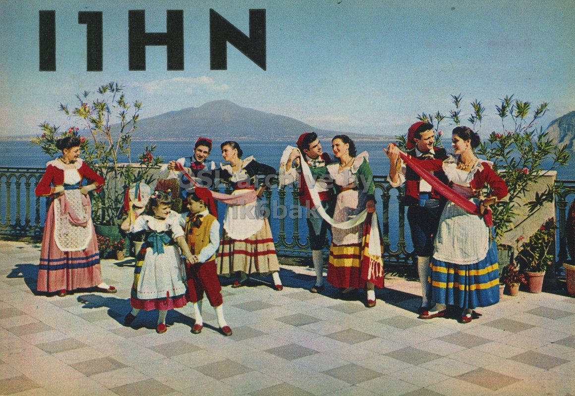Front QSL card, of I1HN to I1LCN, September 3, 1961, PH mode. The QSL image contains the following objects: People, Person, Costume, Dancing, Bride. And contains this text: 11HN 11HN.