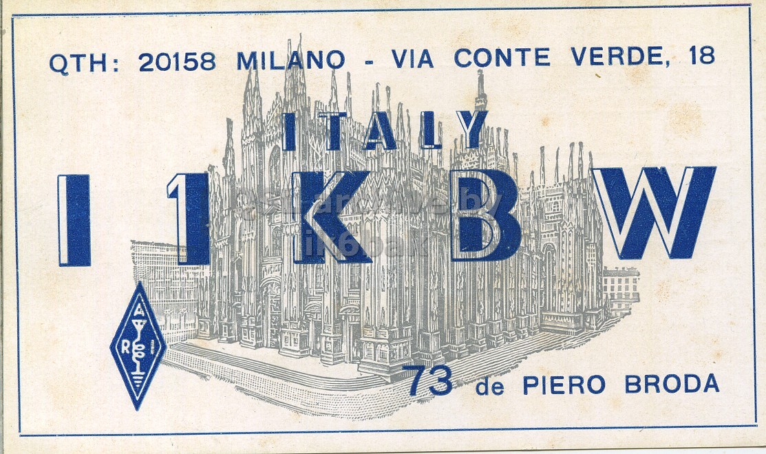 Front QSL card, of I1KBW to I1LCN, September 11, 1970, SSB mode. The QSL image contains the following objects: Building, Factory. And contains this text: QTH: 20158 MILANO - VIA CONTE VERDE, 18 ITALY B 1 W R 73 de PIERO BRODA QTH: 20158 MILANO - VIA CONTE VERDE, 18 ITALY B 1 W R 73 de PIERO BRODA.