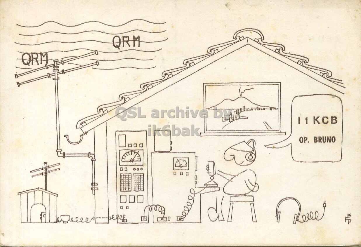 Front QSL card, of I1KCB to I6LCN, April 30, 1973, PH mode. The QSL image contains the following objects: Plan, Plot, Utility Pole, Factory. And contains this text: QRM QRM QSL archive ik6bak OP. BRUNO QRM QRM QSL archive ik6bak OP. BRUNO.