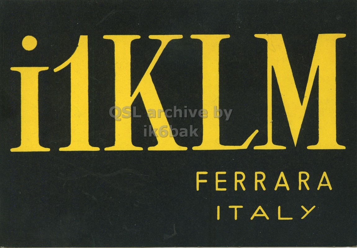 Front QSL card, of I1KLM to I1LCN, June 1, 1966, AM mode. The QSL image contains the following objects: Book, Publication, License Plate. And contains this text: il OSL 1 archive by M FERRARA ITALY OSL 1 archive by ik6bak M FERRARA ITALY.
