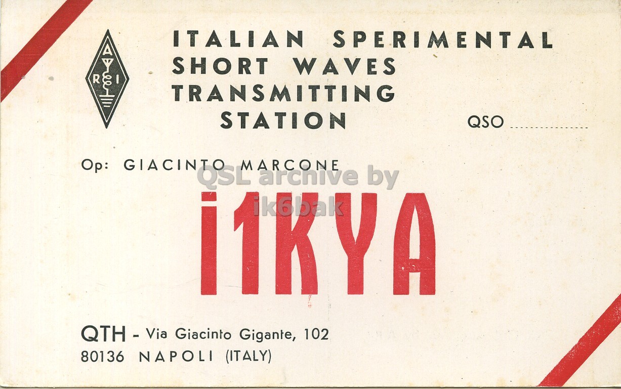 Front QSL card, of I1KYA to I1LCN, October 17, 1970, SSB mode. The QSL image contains the following objects: Advertisement. And contains this text: ITALIAN SPERIMENTAL SHORT WAVES R TRANSMITTING STATION QSO Op: GIACINTO I1KYA QSL archive by MARCONE QTH - Via Giacinto Gigante, 102 80136 NAPOLI (ITALY) ITALIAN SPERIMENTAL SHORT WAVES R TRANSMITTING STATION QSO Op: GIACINTO QSL archive by MARCONE QTH - Via Giacinto Gigante, 102 80136 NAPOLI (ITALY).