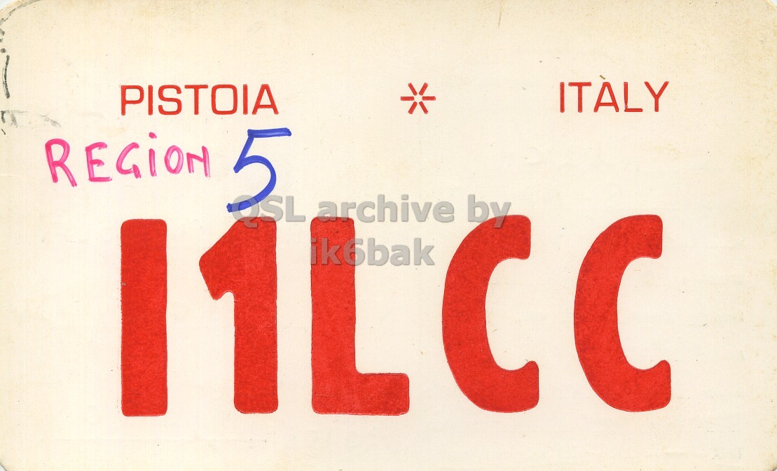 Front QSL card, of I1LCC to I1LCN, May 8, 1971, PH mode. The QSL image contains the following objects: Number, Symbol, License Plate, Fungus. And contains this text: ITALY PISTOIA 5 QSL archive by ik6bak ITALY PISTOIA 5 QSL archive by ik6bak.