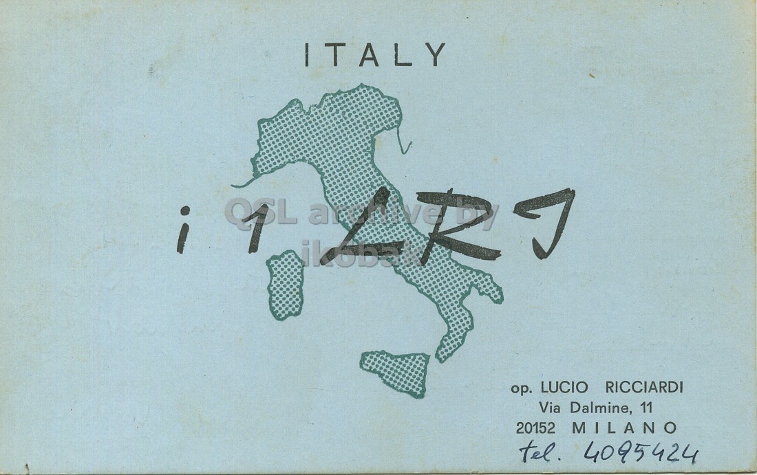 Front QSL card, of I1LRJ to I1LCN, July 10, 1969, PH mode. The QSL image contains the following objects: Art, Painting. And contains this text: ITALY RJ ор. LUCIO RICCIARDI Via Dalmine, 11 20152 MILANO tel. 4095424 ITALY i ikoba RJ ор. LUCIO RICCIARDI Via Dalmine, 11 20152 MILANO tel. 4095424.