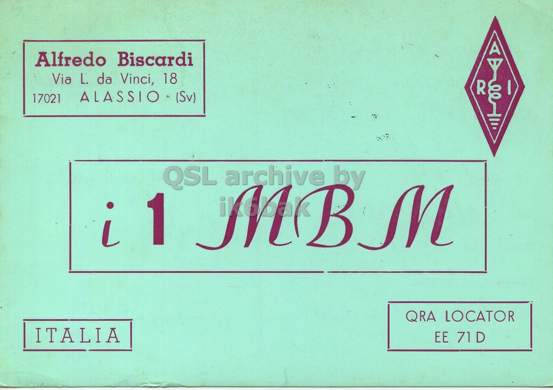 Front QSL card, of I1MBM to I1LNC/P, August 3, 1969, PH mode. And contains this text: Alfredo Biscardi AY Via L. da Vinci, 18 R 17021 ALASSIO (Sv) QSL archive i 1 MBM by QRA LOCATOR ITALIA ЕЕ 71 D Alfredo Biscardi AY Via L. da Vinci, 18 R 17021 ALASSIO (Sv) QSL archive i 1 MBM by QRA LOCATOR ITALIA ЕЕ 71 D.