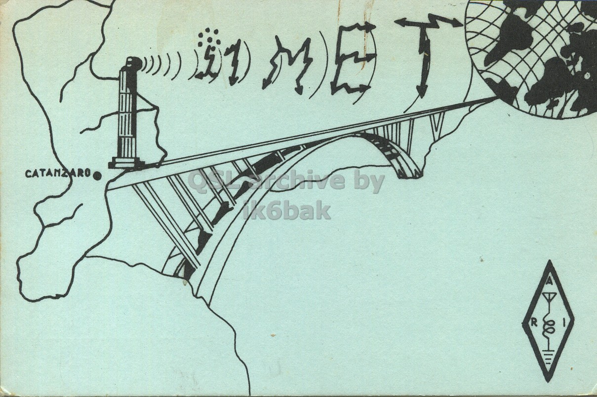 Front QSL card, of I1MET to I1LCN, December 13, 1970, PH mode. The QSL image contains the following objects: Arch. And contains this text: CATANZARO R CATANZARO by R.