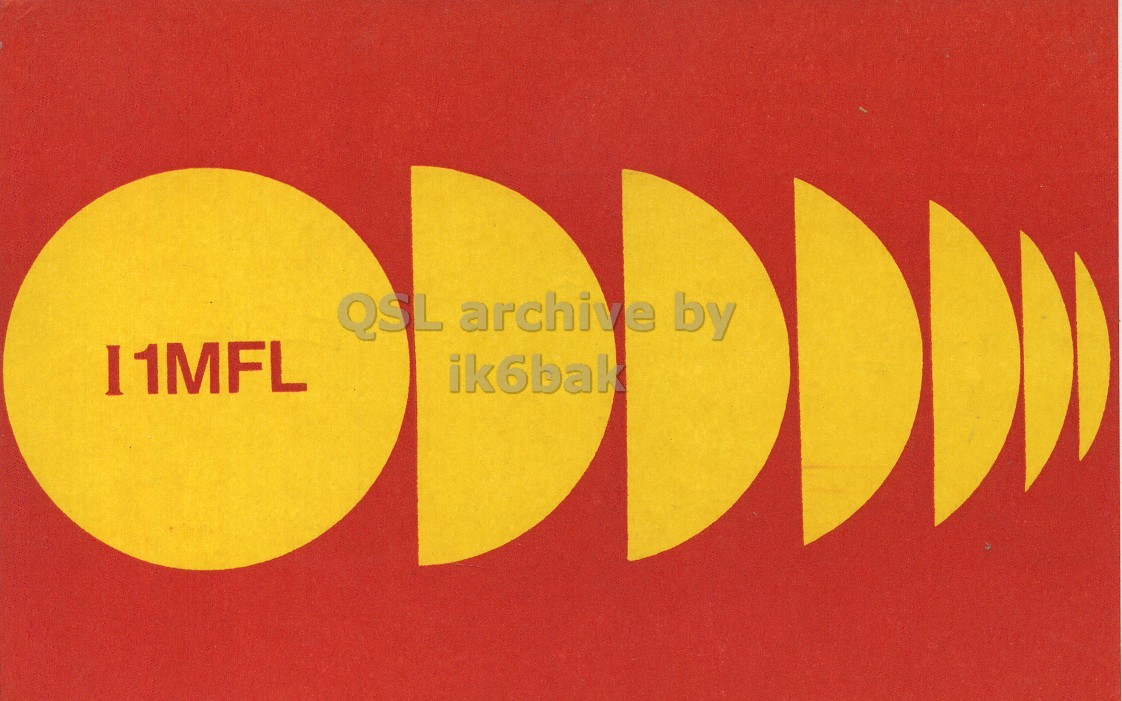 Front QSL card, of I1MFL to I1LCN, March 21, 1971, SSB mode. The QSL image contains the following objects: Logo, Outdoors. And contains this text: QSL archive by I1MFL ik6bak QSL archive by I1MFL ik6bak.