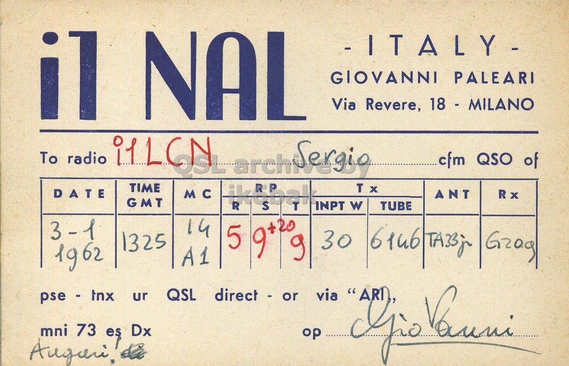 Front QSL card, of I1NAL to I1LCN, January 3, 1962, PH mode. The QSL image contains the following objects: Book, Publication. And contains this text: il NAL GIOVANNI PALEARI Via Revere, 18 - MILANO To radio cfm QSO of TIME T x DATE MC ANT Rx GMT INPT W TUBE 3-1 14 1325 1962 A1 pse - tnx ur QSL direct - or via mni 73 es Dx op il NAL GIOVANNI PALEARI Via Revere, 18 - MILANO To radio cfm QSO of TIME T x DATE MC ANT Rx GMT INPT W TUBE R 3-1 14 1325 5 30 1962 A1 pse - tnx ur QSL direct - or via mni 73 es Dx op.