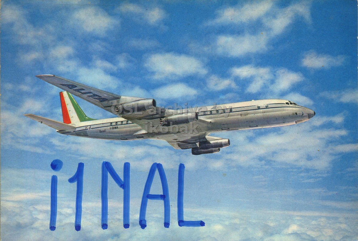Front QSL card, of I1NAL to I1LCN, July 15, 1962, PH mode. The QSL image contains the following objects: Aircraft, Airplane, Vehicle, Airliner, Flight. And contains this text: ALITA ikobak i1 NAL ALITA OSL ikobak i1 NAL.