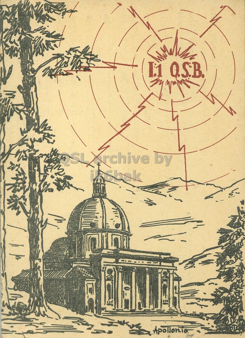 Front QSL card, of I1OSB to I1LCN, June 23, 1970, PH mode. The QSL image contains the following objects: Art, Painting. And contains this text: I1 Q.S.B. by ik6bak I1 Q.S.B. by ik6bak.