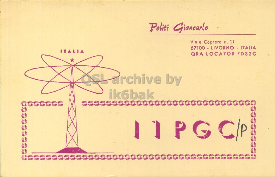 Front QSL card, of I1PGC/P to I1LCN/P, July 3, 1970, AM mode. And contains this text: Politi Giancarlo Viale Caprera n. 21 ITALIA QRA LOCATOR FD32C QSL archive by ik6bak Politi Giancarlo Viale Caprera n. 21 ITALIA QRA LOCATOR FD32C QSL archive by ik6bak.