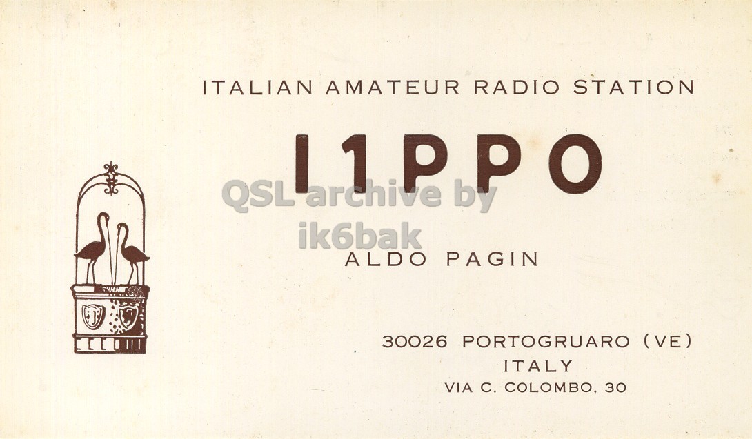 Front QSL card, of I1PPO to I2LCN, June 13, 1971, PH mode. The QSL image contains the following objects: Advertisement, Bird. And contains this text: ITALIAN AMATEUR RADIO STATION QSL archive by ik6bak ALDO PAGIN 30026 PORTOGRUARO (VE) ITALY VIA C. COLOMBO, 30 ITALIAN AMATEUR RADIO STATION QSL archive by ik6bak ALDO PAGIN 30026 PORTOGRUARO (VE) ITALY VIA C. COLOMBO, 30.