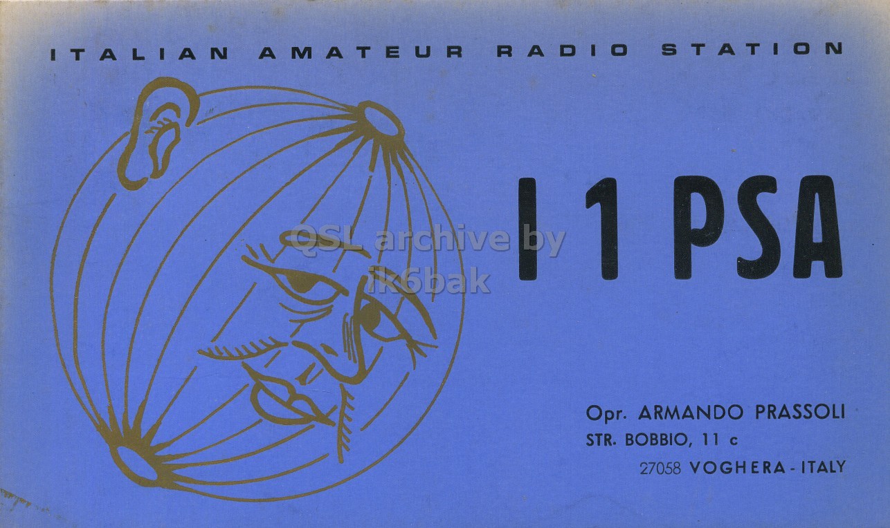 Front QSL card, of I1PSA to I2LCN, September 17, 1971, PH mode. The QSL image contains the following objects: Book, Publication. And contains this text: ITALIAN AMATEUR RADIO STATION Opr. ARMANDO PRASSOLI STR. BOBBIO, 11 с ITALIAN AMATEUR RADIO STATION archive 1 PSA Opr. ARMANDO PRASSOLI STR. BOBBIO, 11 с 27058.