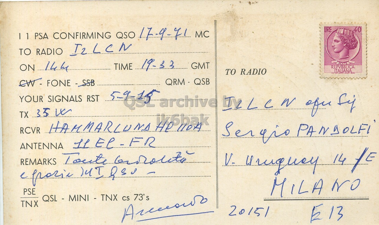 Right QSL card, of I1PSA to I2LCN, September 17, 1971, PH mode. The QSL image contains the following objects: Envelope, Mail, Person, Postcard, Face. And contains this text: I 1 PSA CONFIRMING QSO 17-9-71 MC LIRE 40 TO RADIO I2LCN GMT REPVBBLICA TO RADIO ITALIANA CW- FONE E - SSB QRM - QSB YOUR SIGNALS RST REMARKS Toute PSE MILA NO QSL - MINI - TNX CS 73's TNX 20151 E13 I 1 PSA CONFIRMING QSO 17-9-71 MC LIRE 40 TO RADIO TIME ON GMT REPVBBLICA TO RADIO ITALIANA CW- FONE QRM - QSB YOUR SIGNALS RST archive TX RCVR 35 ANTENNA REMARKS Toute 14 /E PSE MILA QSL - MINI - TNX CS 73's TNX 20151 E13.