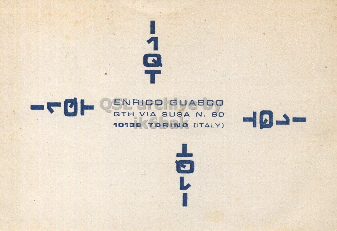 Front QSL card, of I1QT to I1LCN, July 29, 1970, PH mode. The QSL image contains the following objects: Number, Symbol. And contains this text: VIA SUSA (ITALY) 60 TOLI QTH N. VIA SUSA (ITALY) 60 TOLI.