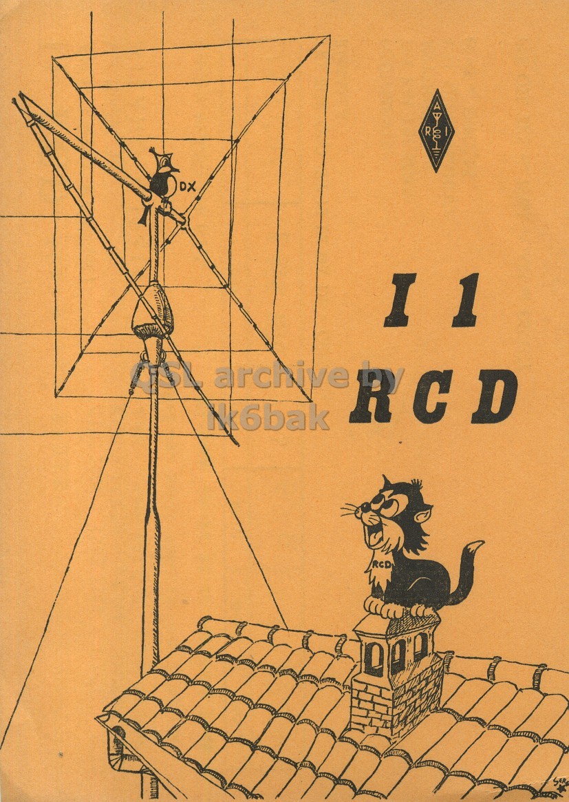 Front QSL card, of I1RCD to I1LCN, August 2, 1970, AM mode. The QSL image contains the following objects: Utility Pole. And contains this text: R 00 DX I 1 RCD 1k6bak RCD R 00 DX I 1 archive RCD 1k6bak RCD.