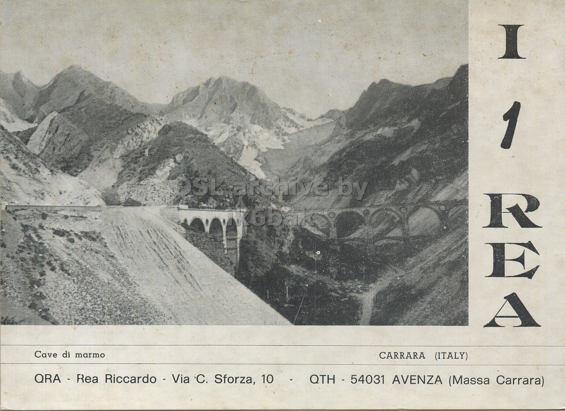 Front QSL card, of I1REA to I1LCN, March 21, 1971, PH mode. The QSL image contains the following objects: Outdoors, Water. And contains this text: I 1 by Cave di marmo CARRARA (ITALY) QRA - Rea Riccardo - Via 'C. Sforza, 10 QTH - 54031 AVENZA (Massa Carrara) I 1 by Cave di marmo CARRARA (ITALY) Riccardo - Via Sforza, 10 QTH - 54031 AVENZA (Massa Carrara).