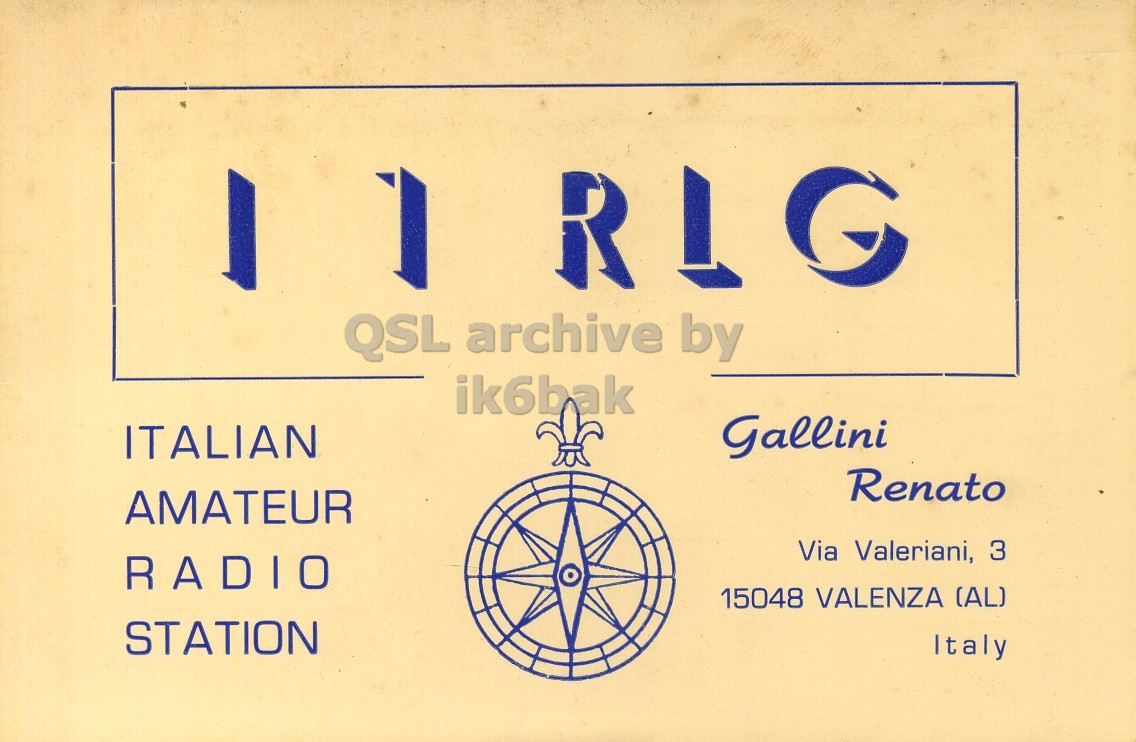 Front QSL card, of I1RLG to I1LCN, October 22, 1970, PH mode. The QSL image contains the following objects: Wheel. And contains this text: QSL archive by ik6bak Gallini ITALIAN Renato AMATEUR Via Valeriani, 3 RADIO 15048 VALENZA (AL) STATION Italy QSL archive by ik6bak Gallini ITALIAN Renato AMATEUR Via Valeriani, 3 RADIO 15048 VALENZA (AL) STATION Italy.