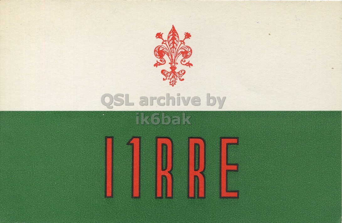 Front QSL card, of I1RRE to I1LCN/P, August 3, 1969, AM mode. The QSL image contains the following objects: Greeting Card, Plant. And contains this text: QSL archive by ik6bak QSL archive by ik6bak.