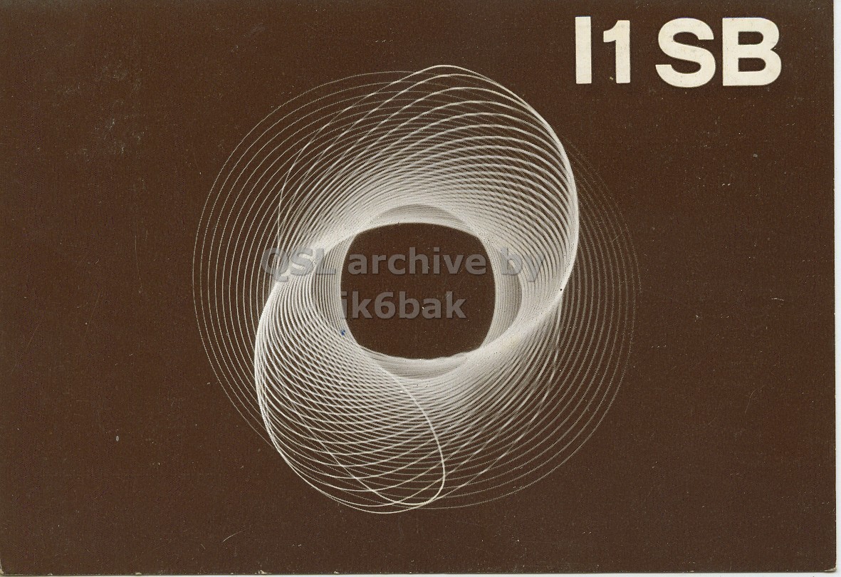 Front QSL card, of I1SB to I1LCN, April 4, 1971, SSB mode. The QSL image contains the following objects: Spiral, Coil. And contains this text: I1 SB ik6bak I1 SB ik6bak.