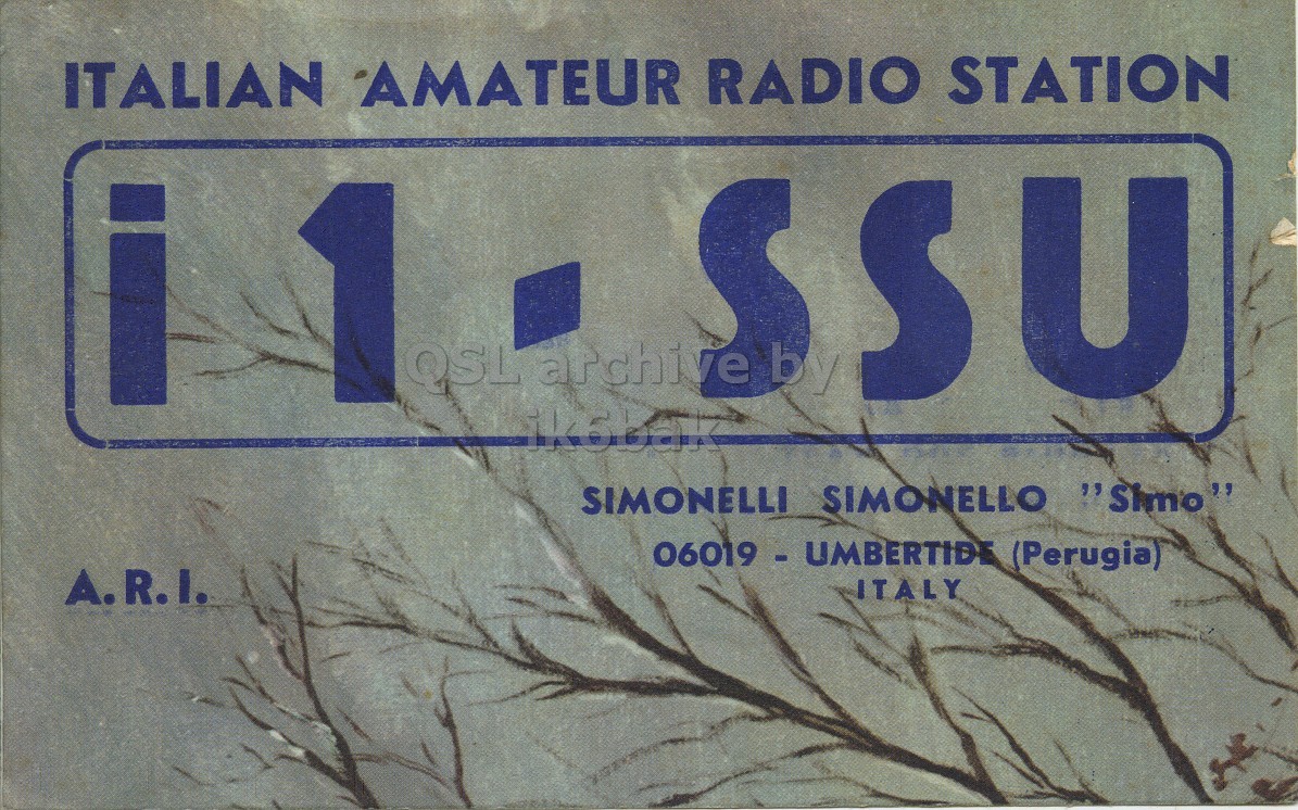 Front QSL card, of I1SSU to I1LCN, April 18, 1971, SSB mode. The QSL image contains the following objects: Advertisement, Poster. And contains this text: ITALIAN AMATEUR RADIO STATION i 1 QSL archive by U ik6bak SIMONELLI SIMONELLO "Simo" 06019 - UMBERTIDE (Perugia) A.R.I. ITALY ITALIAN AMATEUR RADIO STATION i 1 QSL archive by U ik6bak SIMONELLI SIMONELLO "Simo" (Perugia) A.R.I. ITALY.