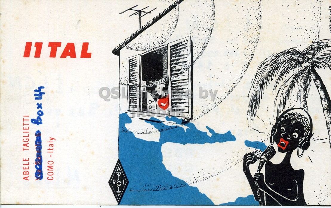 Front QSL card, of I1TAL to I1LCN, September 22, 1970, PH mode. The QSL image contains the following objects: Person, Outdoors, Face, Nature, Painting. And contains this text: QSL by A Box 144 ABELE TAGLIETTI COMO - Italy R QSL by A Box 144 ABELE TAGLIETTI COMO - Italy R.