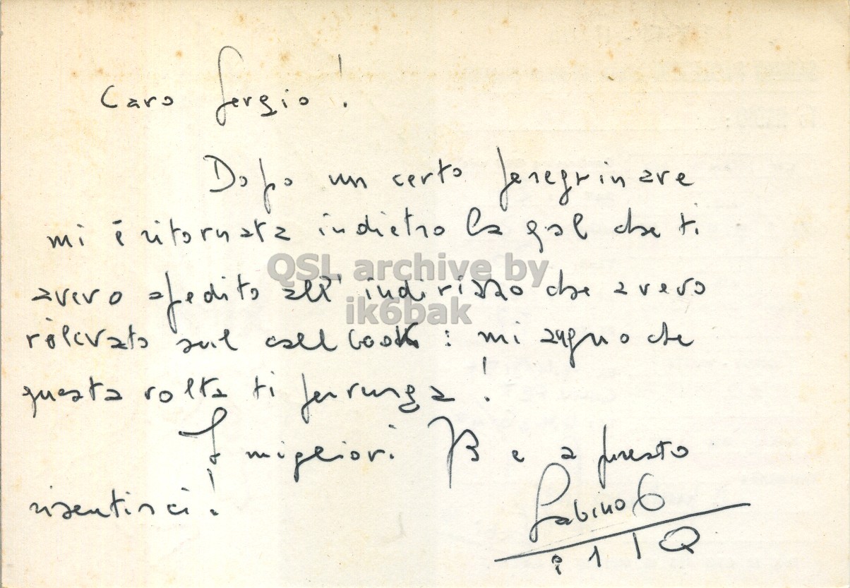 Right QSL card, of I1TQ to I1LCN, December 26, 1970, AM mode. The QSL image contains the following objects: Handwriting, White Board. And contains this text: Cars 2 e Cars un are mi quests ti QSL ik6bak archive : mi by 2 e.