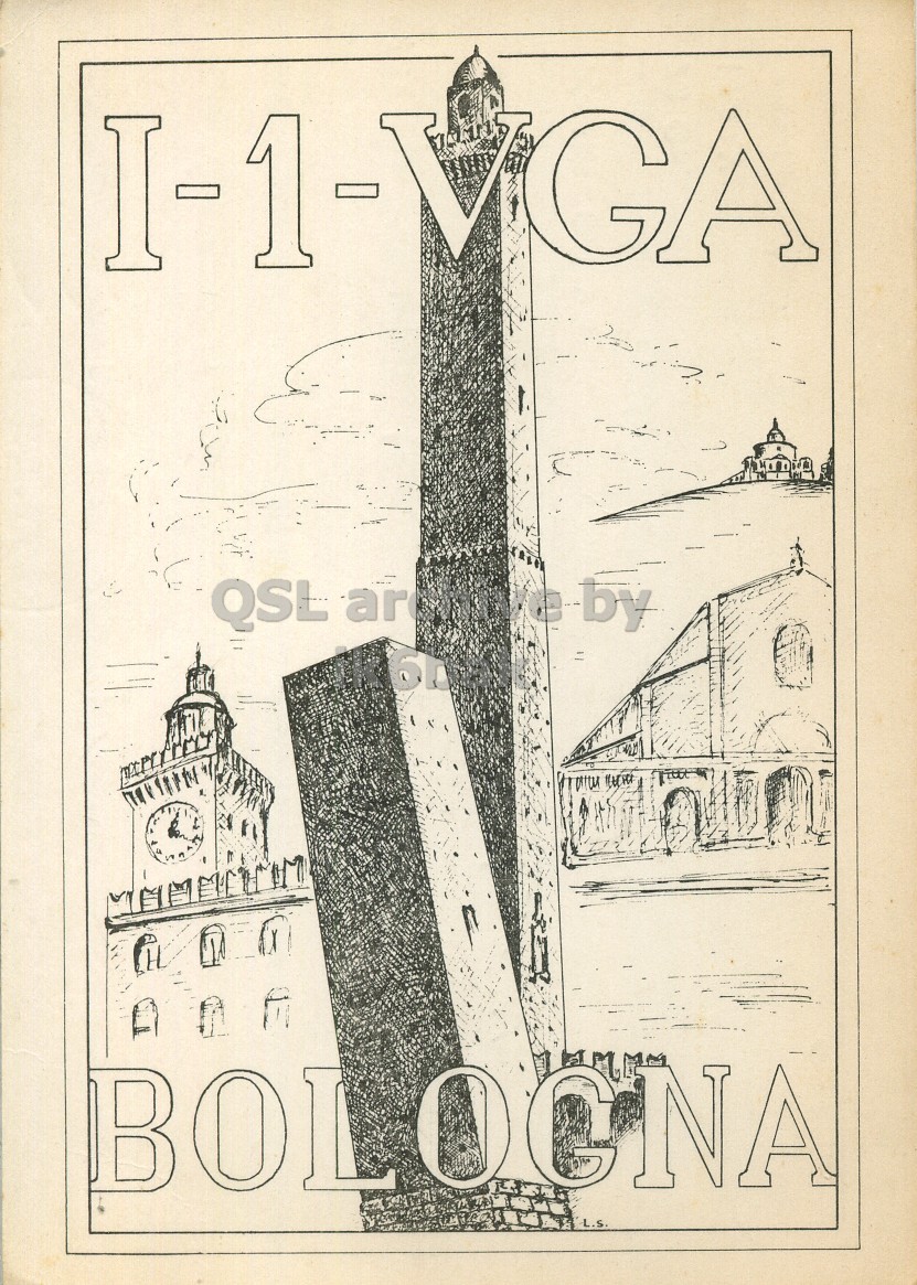 Front QSL card, of I1VGA to I1LCN, April 12, 1966, PH mode. The QSL image contains the following objects: Publication, Advertisement, Book, Page, Poster. And contains this text: QSL ar by L.S. QSL ar by L.S..
