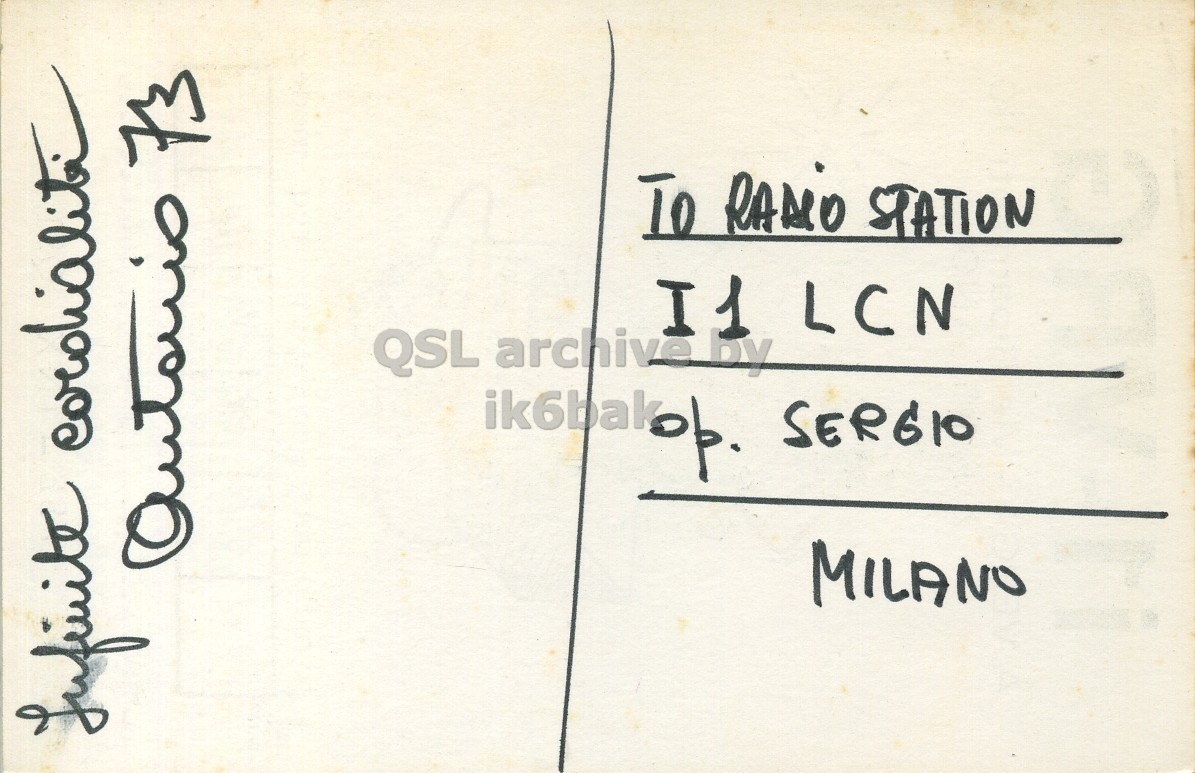 Right QSL card, of I1VRG to I1LCN, February 28, 1971, AM mode. The QSL image contains the following objects: Envelope, Mail. And contains this text: I1 LCN QSL archive by ik6bak op. SERGIO MILANO STATION I1 LCN QSL archive by ik6bak op. SERGIO MILANO Infinite.