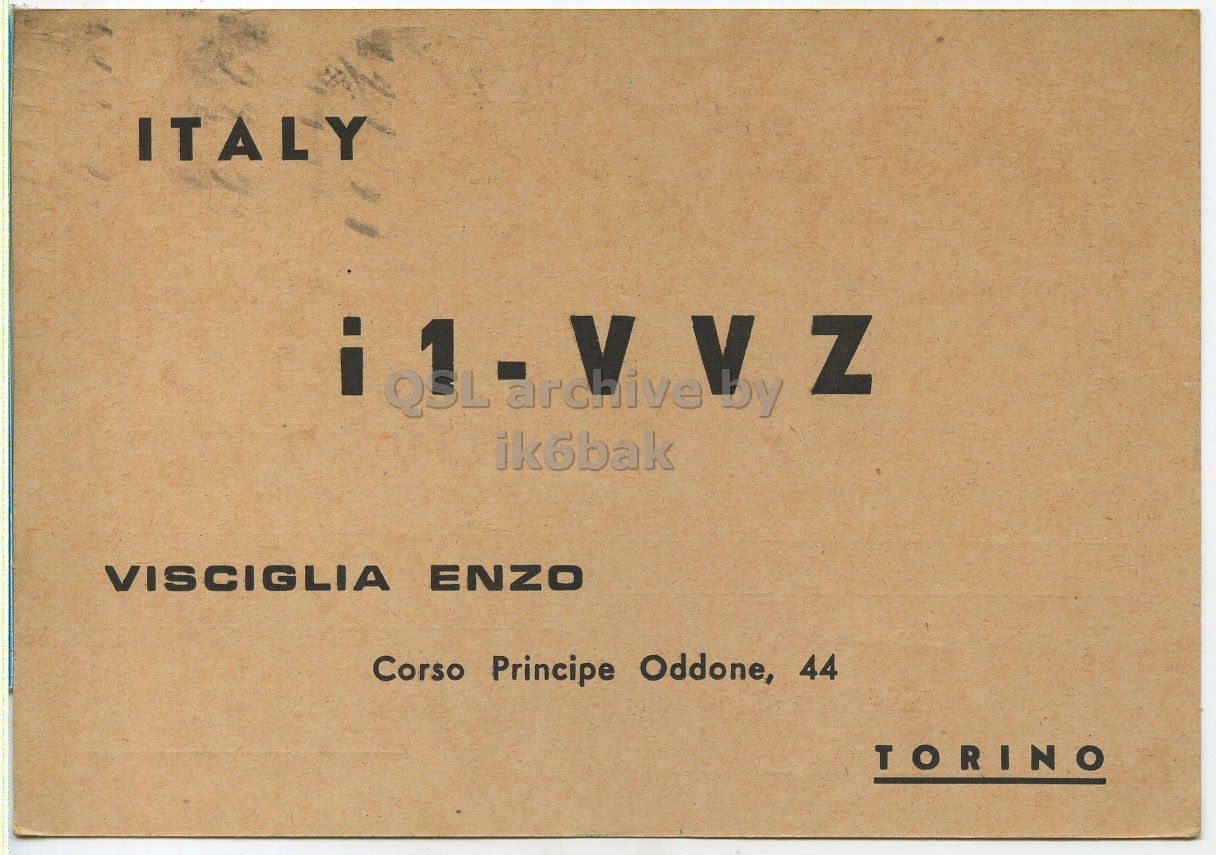 Front QSL card, of I1VVZ to I1LCN, July 29, 1970, PH mode. The QSL image contains the following objects: Book, Box, Cardboard. And contains this text: ITALY ik6bak VISCIGLIA ENZO Corso Principe Oddone, 44 TORINO ITALY ik6bak VISCIGLIA ENZO Corso Principe Oddone, 44 TORINO.