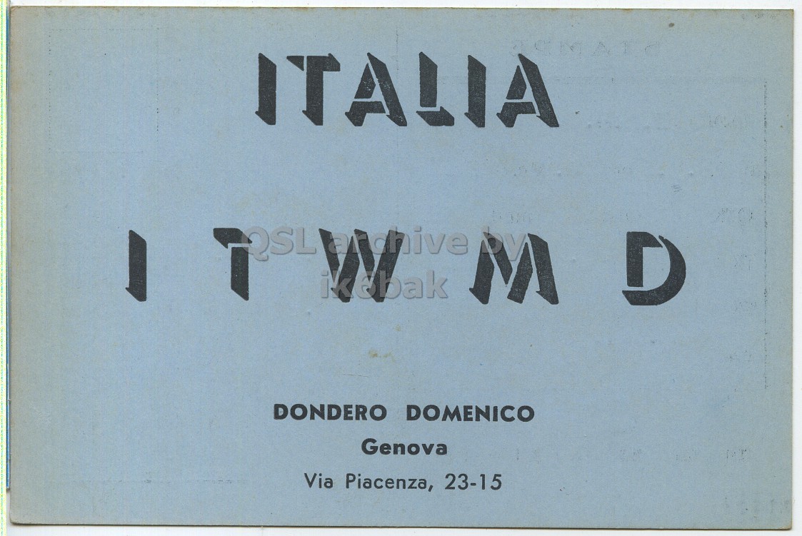 Front QSL card, of I1WMD to I1LCN, September 18, 1961, PH mode. The QSL image contains the following objects: Book. And contains this text: ITALIA M D DONDERO DOMENICO Genova Via Piacenza, 23-15 ITALIA M D DONDERO DOMENICO Genova Via Piacenza, 23-15.