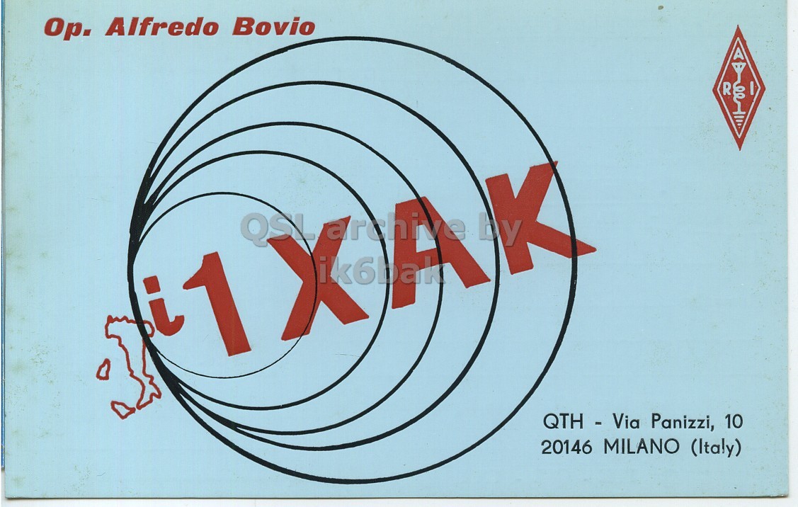 Front QSL card, of I1XAK to I1LCN, January 17, 1971, AM mode. And contains this text: Ор. Alfredo Bovio R archive QSL K QTH - Via Panizzi, 10 20146 MILANO (Italy) Ор. Alfredo Bovio R archive QSL K QTH - Via Panizzi, 10 20146 MILANO (Italy).