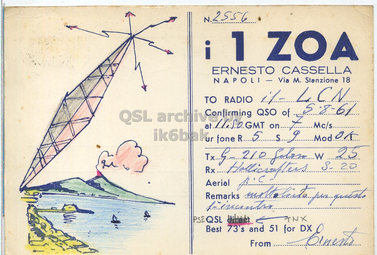 Front QSL card, of I1ZOA to I1LCN, August 5, 1961, PH mode. The QSL image contains the following objects: Boat, Sailboat, Envelope, Mail. And contains this text: N.2556 i ZOA ERNESTO CASSELLA NAPOLI - Via M. Stanzione 18 TO RADIO if- LCN QSL archive QSO of 5.8-61 7 Mc/s... Remarks Aerial Best 73's and 51 for DX From N.2556 i ZOA ERNESTO CASSELLA NAPOLI - Via M. Stanzione 18 TO RADIO LCN QSL QSO of 7 Mc/s... at ik6bak ur fone G-210 25 Rx 20 Remarks Aerial PSEQSL Best 73's and 51 for DX From.