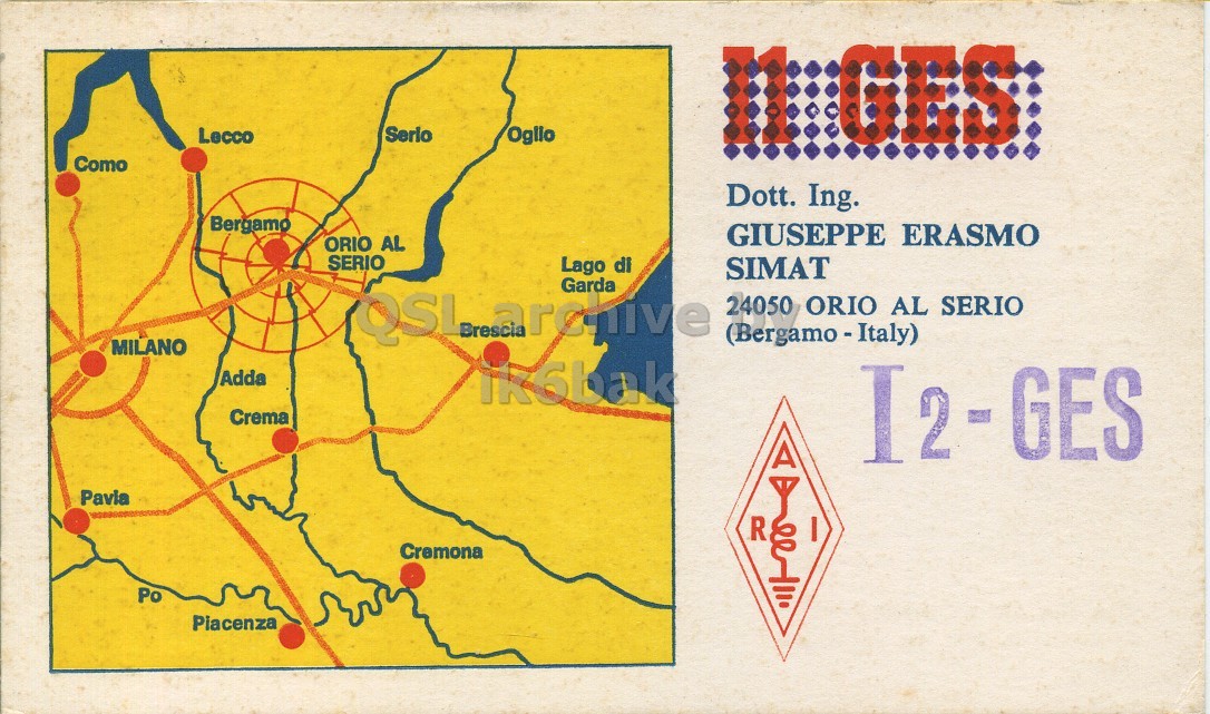Front QSL card, of I2GES to I2LCN, December 8, 1971, AM mode. The QSL image contains the following objects: Plot. And contains this text: Lecco Como Dott. Ing. Bergamo GIUSEPPE ERASMO ORIO AL SERIO Lago di SIMAT Garda 24050 ORIO AL SERIO MILANO Adda ik6bak Crema I2-GES Pavia R I Cremona Po Piacenza Lecco GES Como Dott. Ing. Bergamo GIUSEPPE ERASMO ORIO AL SERIO Lago di SIMAT Garda 24050 ORIO AL SERIO MILANO Adda ik6bak Crema I2-GES Pavia R I Cremona Po Piacenza.