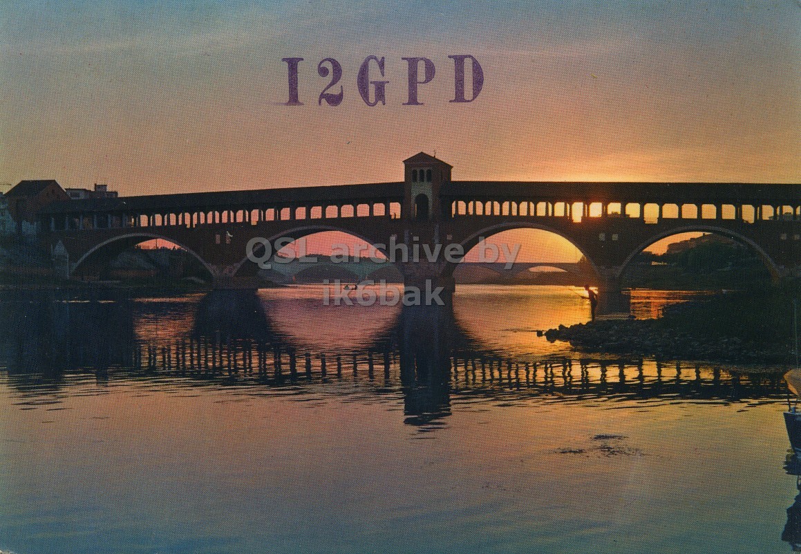 Front QSL card, of I2GPD to I2LCN, July 14, 1972, AM mode. The QSL image contains the following objects: Arch, Bridge. And contains this text: I2GPD QSL archive by ik6bak I2GPD QSL archive by ik6bak.