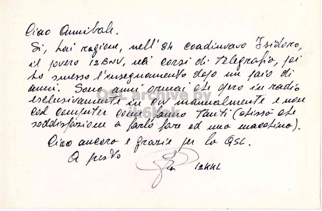 Right QSL card, of I2KKL to IK2GRA, September 27, 1998, CW mode. The QSL image contains the following objects: Handwriting, White Board. And contains this text: liao Si, jovero 12BNV, for i'll radio l oli ti Vo l a.