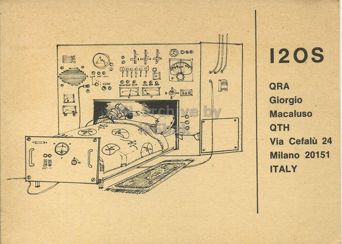 Front QSL card, of I2OS to I2LCN, December 26, 1971, PH mode. And contains this text: 120S QRA 1000 Giorgio Macaluso QTH Via Cefalù 24 Milano 20151 ITALY 120S QRA 1000 Giorgio Macaluso QTH Via Cefalù 24 Milano 20151 ITALY.