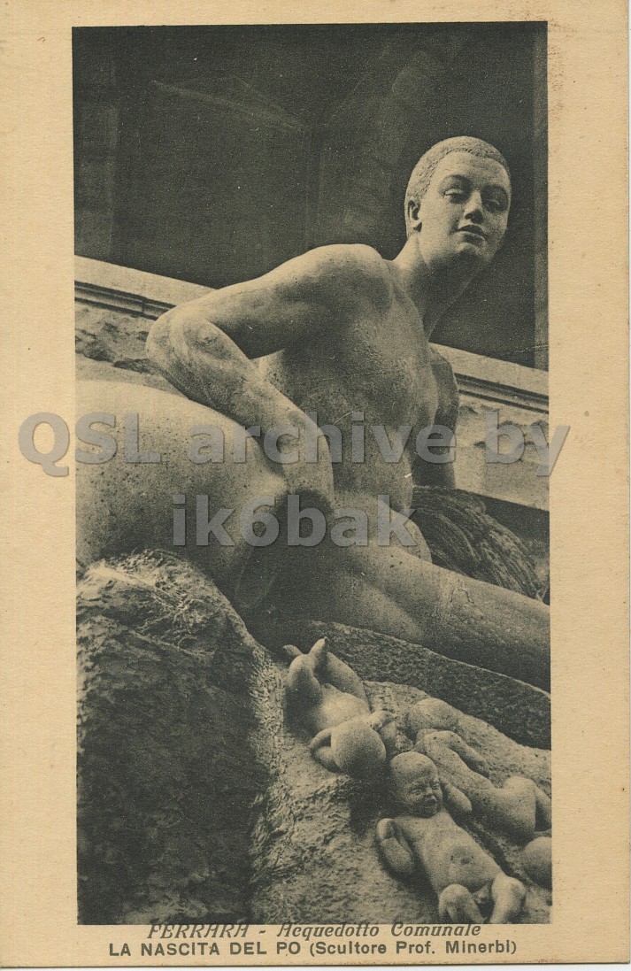 Front QSL card, of I4ABG to I2LNC, July 9, 1972, PH mode. The QSL image contains the following objects: Archaeology, Art, Painting, Man, Person. And contains this text: ik6bak FERRARA - Acquedotto Comunale LA NASCITA DEL PO (Scultore Prof. Minerbi) by ik6bak FERRARA Acquedotto Comunale LA NASCITA DEL PO (Scultore Prof. Minerbi).