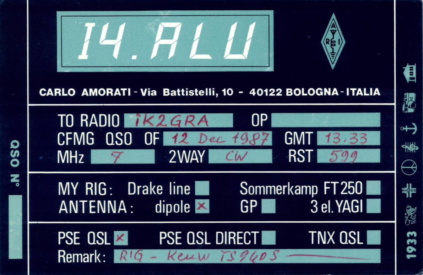 Front QSL card, of I4ALU to IK2GRA, December 12, 1987, CW mode. The QSL image contains the following objects: Screen, Computer Hardware, Hardware, Monitor, Scoreboard. And contains this text: R CARLO AMORATI - Via Battistelli, 10 - 40122 BOLOGNA-ITALIA iK2GRA OP TO RADIO QSO N° GMT CFMG QSO OF 13.33 12 Dec 1987 MHz CW RST 2WAY 599 MY RIG: Drake line Sommerkamp FT250 ANTENNA: GP 3 el. YAGI dipole PSE QSL PSE QSL DIRECT TNX QSL Remark: 1933 R CARLO AMORATI - Via Battistelli, 10 - 40122 BOLOGNA-ITALIA iK2GRA OP TO RADIO QSO N° GMT CFMG QSO OF 13.33 12 Dec 1987 MHz CW RST 2WAY 599 MY RIG: Drake line Sommerkamp FT250 ANTENNA: GP 3 el. YAGI dipole PSE QSL PSE QSL DIRECT TNX QSL Remark: TS9405 1933.