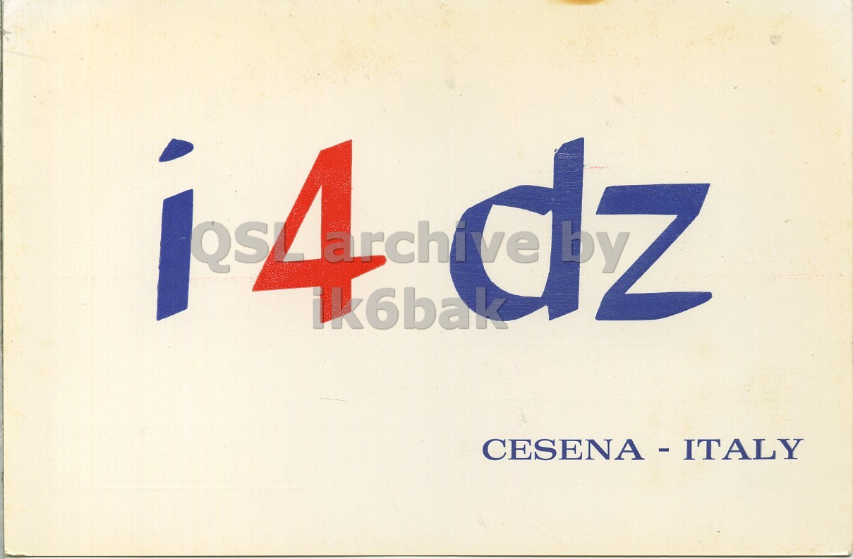 Front QSL card, of I4DZ to I6LCN, May 21, 1973, SSB mode. The QSL image contains the following objects: Symbol, Sign, Logo. And contains this text: ik6bak ik6bak.