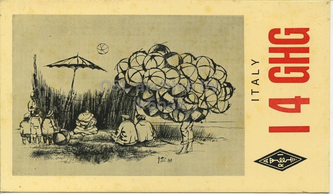 Front QSL card, of I4GHG to I2LCN, July 14, 1972, AM mode. The QSL image contains the following objects: Person. And contains this text: ITALY . 14 GHG R ITALY . 14 GHG R.