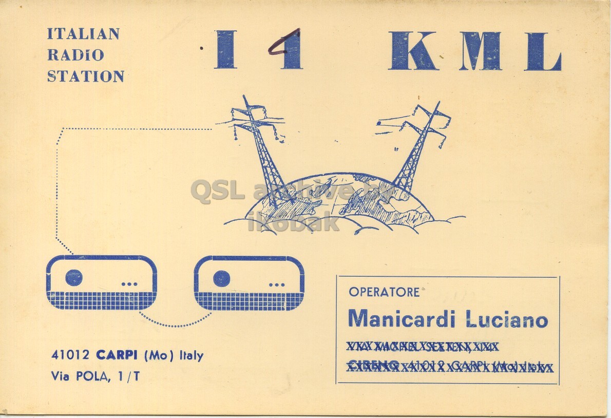 Front QSL card, of I4KML to I2LCN, September 24, 1972, SSB mode. The QSL image contains the following objects: Advertisement, Poster, Aircraft, Helicopter, Giraffe. And contains this text: ITALIAN RADIO 4 KML STATION ... OPERATORE Manicardi Luciano 41012 CARPI (Mo) Italy Via POLA, 1 /T ITALIAN RADIO 4 KML STATION QSL ... OPERATORE Manicardi Luciano 41012 CARPI (Mo) Italy Via POLA,.