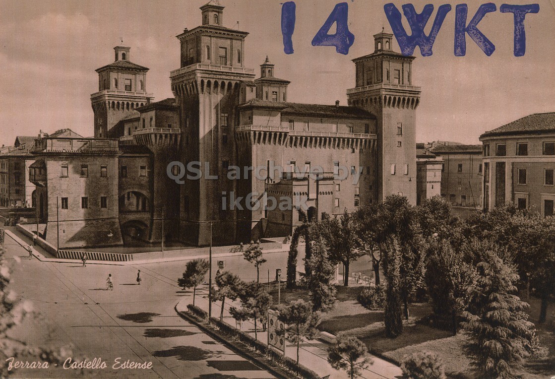 Front QSL card, of I4KWT to I2LCN/6, August 4, 1972, PH mode. The QSL image contains the following objects: City, Street, Urban, Neighborhood, Monastery. And contains this text: 14 WKT 14 WKT QSL Estense.