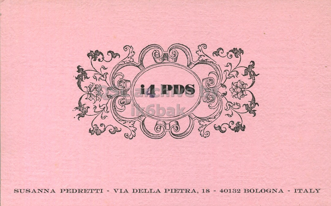 Front QSL card, of I4PDS to I2LCN, December 28, 1971, AM mode. The QSL image contains the following objects: Floral Design, Graphics, Pattern. And contains this text: SUSANNA PEDRETTI-VIA DELLA PIETRA, 18 - 40132 BOLOGNA-ITALY SUSANNA PEDRETTI-VIA DELLA PIETRA, 18 - 40132 BOLOGNA-ITALY.