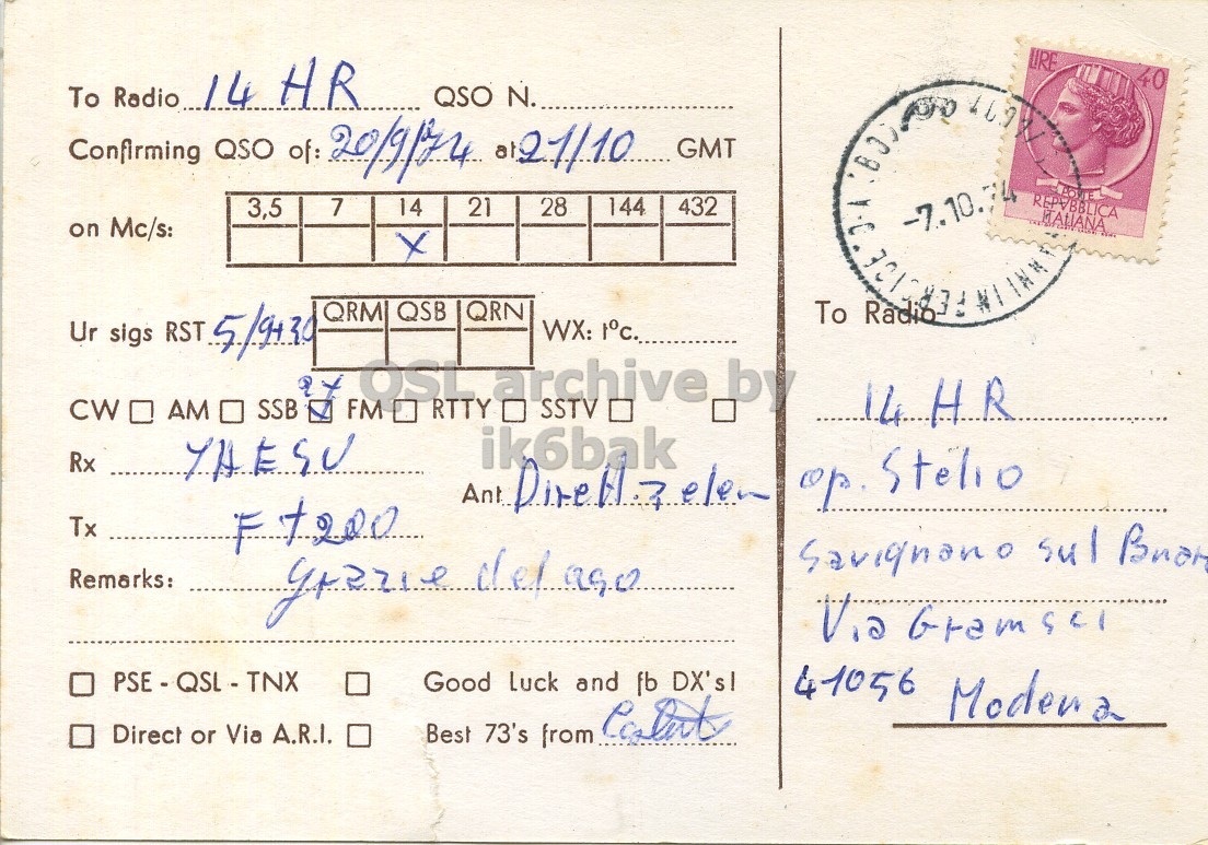 Right QSL card, of I4VCT to I4HR, September 20, 1974, SSB mode. The QSL image contains the following objects: Envelope, Mail, Baby, Person, Postcard. And contains this text: URE To Radio 14 HR QSO N. 40 Confirming QSO of: 20/9/24 0121/10 GMT 3,5 7 14 21 28 144 432 on Mc/s: ITALIANA -7.10.74 Ur sigs RST 5/9430 QRM QSB QRN To Radio WX: t°c. CW O AM SSB OSL RTTY archive . by ik6bak Rx Ant or Stelio Tx Remarks: Via Gramsci PSE - QSL - TNX Good Luck and fb DX'sl 41056 Modera Direct or Via A.R.I. Best 73's from Costart URE To Radio 14 QSO N. 40 Confirming QSO of: GMT 3,5 7 14 21 28 144 432 on Mc/s: ITALIANA -7.10.74 Ur sigs RST 5/9430 QRM QSB QRN To Radio WX: AM SSB FM SSTV OSL RTTY archive by ik6bak Rx Ant or Stelio Tx F Savignano sul Remarks: Via Gramsci PSE - QSL - TNX Good Luck and fb DX'sl 41056 Direct or Via A.R.I. Best 73's from.