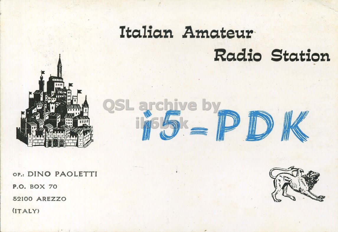 Front QSL card, of I5PDK to I2LCN, July 23, 1972, SSB mode. The QSL image contains the following objects: Building, Dog, Mail, Bird. And contains this text: Italian Amateur Radio Station QSL archive by PDK OP.: DINO PAOLETTI P.O. BOX 70 52100 AREZZO (ITALY) Italian Amateur Radio Station QSL archive by PDK OP.: DINO PAOLETTI P.O. BOX 70 52100 AREZZO (ITALY).