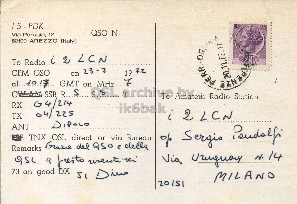Right QSL card, of I5PDK to I2LCN, July 23, 1972, SSB mode. The QSL image contains the following objects: Envelope, Mail, Person, Face, Postcard. And contains this text: URE 25 QSO N. Via Perugia, 12 52100 AREZZO (Italy) To Radio i 2 LCN CFM QSO on 23-7 19 7.2 CW-AM-SSB al 10 R S on QSL archive by our Radio Station RX G4/214 ik6bak i 2 LCN TX 04/225 DIPOLO ANT PSE TNX QSL direct or via Bureau of Sergio Pendolfi 73 an good DX 51 Dius MILANO 20151 URE 25 QSO N. Via Perugia, 12 52100 AREZZO (Italy) To Radio LCN CFM QSO on 23-7 19 al 10 R on QSL Radio Station GMT MHz.. 7 ANA RX G4/214 ik6bak i 2 LCN TX 04/225 DIPOLO ANT TNX QSL direct or via Bureau Remarks e della of Sergio 9 fresto Via N. 14 73 an good DX 51 MILANO 20151.